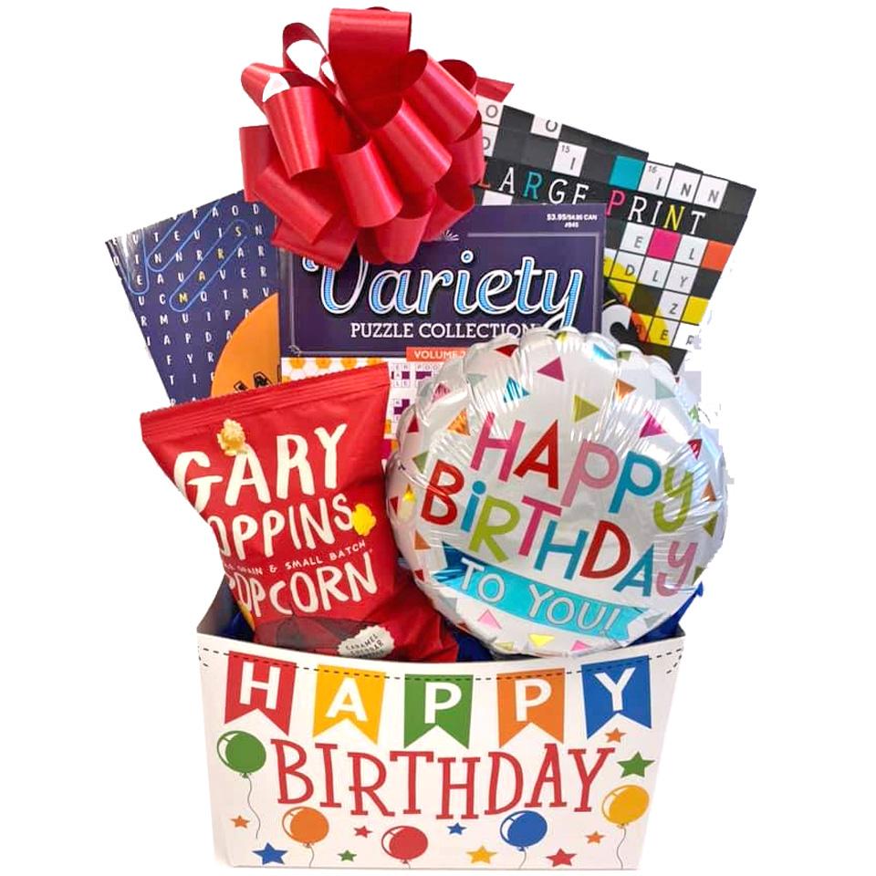 Fun Happy Birthday Gift Basket for Men, for Women, with Crossword and