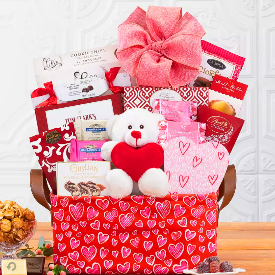Valentine's Day Gift Basket, Soft Teddy Bear, Sweets
