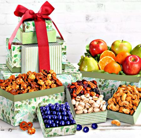 Delightful gift tower of savory treats and fresh succulent fruits.