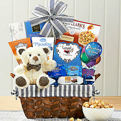 thinking of you gift basket with bear hug